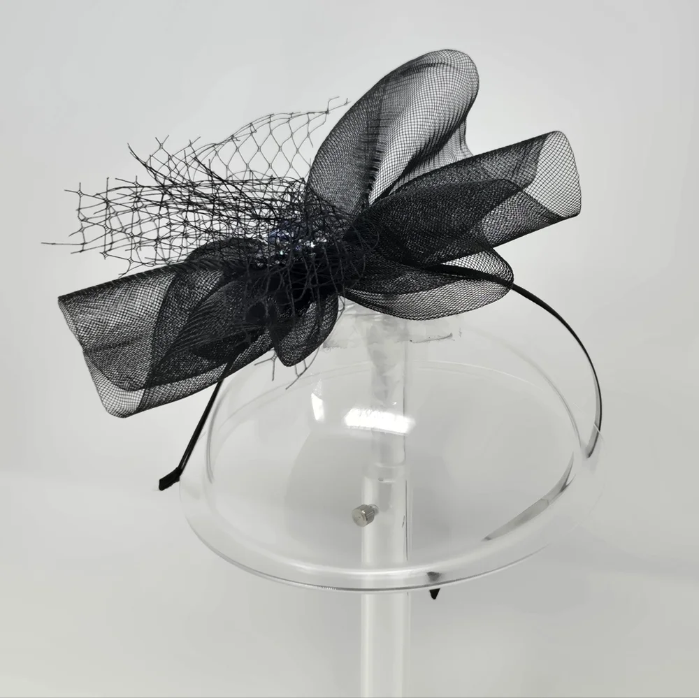 VINTAGE HANDMADE FASCINATOR HEADBAND BLACK TULLE BLUE RHINESTONE BROOCH DIY